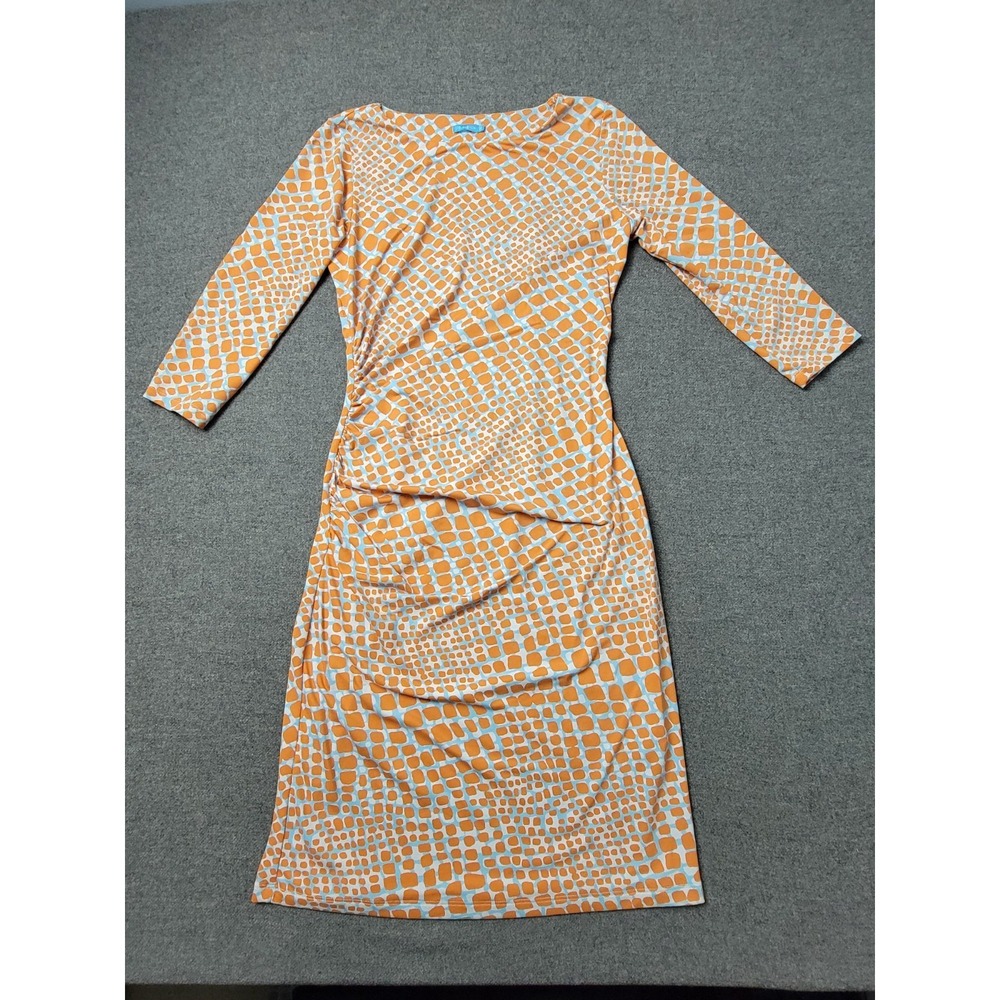 J. McLaughlin Sheath Dress Womens XS Orange Blue Stretch Ruched‎ Side Boat Neck